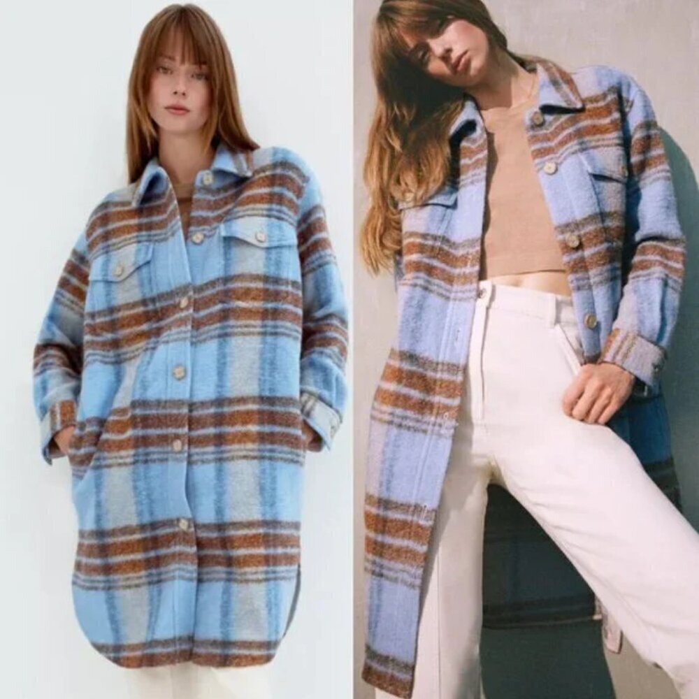Wilfred Free Aritzia The Ganna Long Wool Blue and Brown Plaid Shacket Jacket